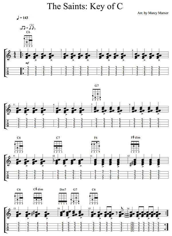 Tab Notation for How to Play When the Saints Go Marching In on Ukulele