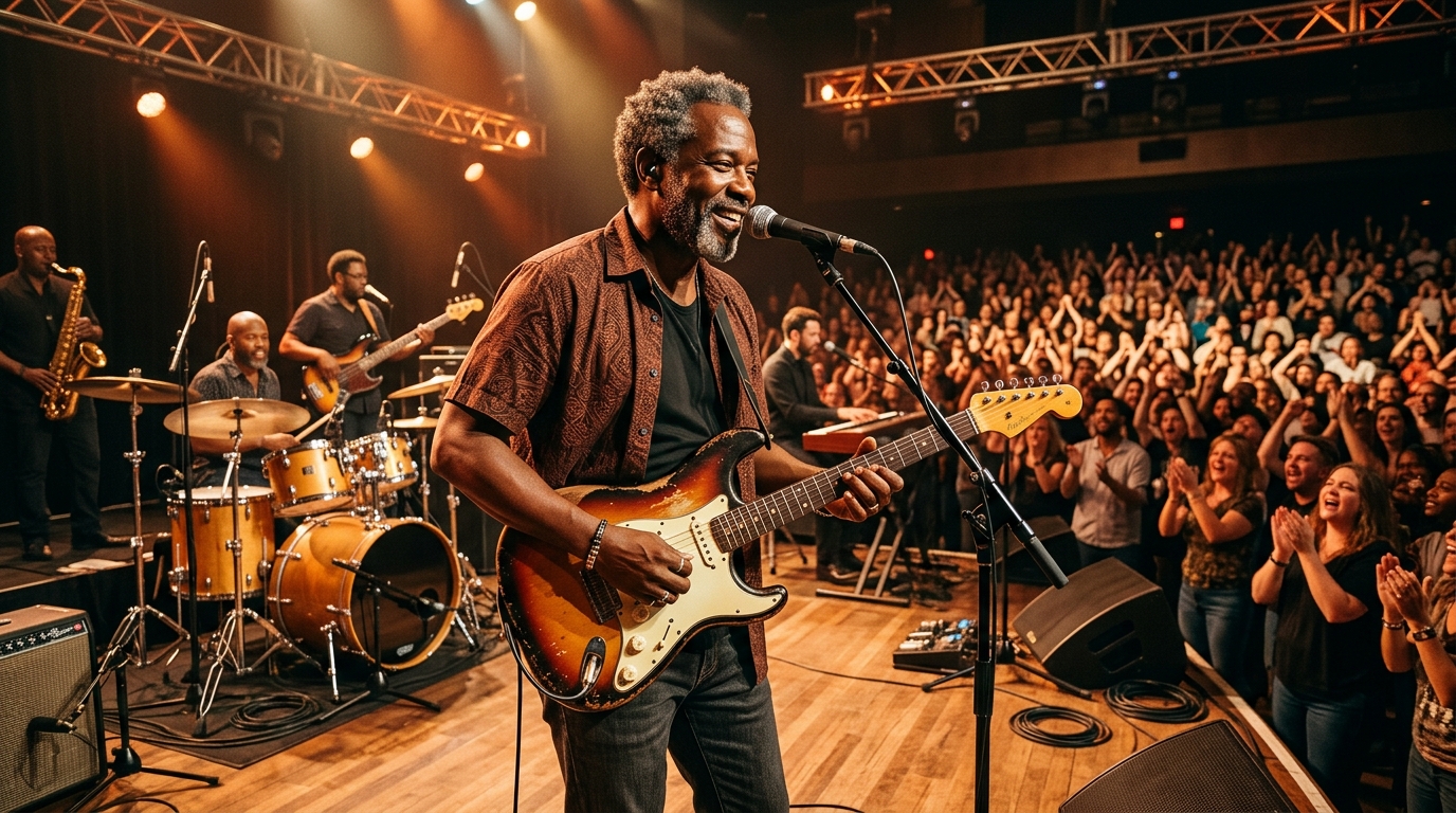 Blues guitarist performing on stage in a concert hall playing an electric guitar