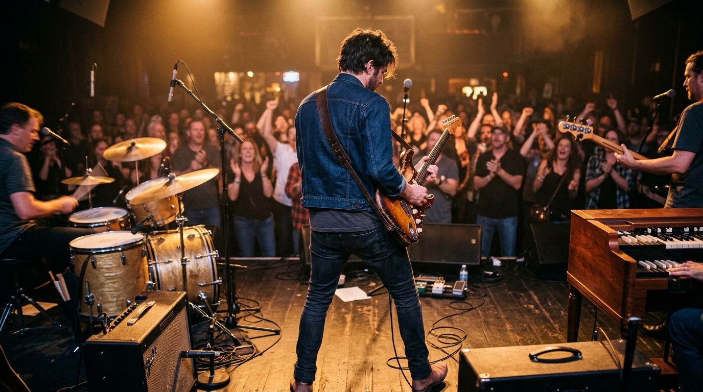 Blues guitarist on stage in front of a club audience