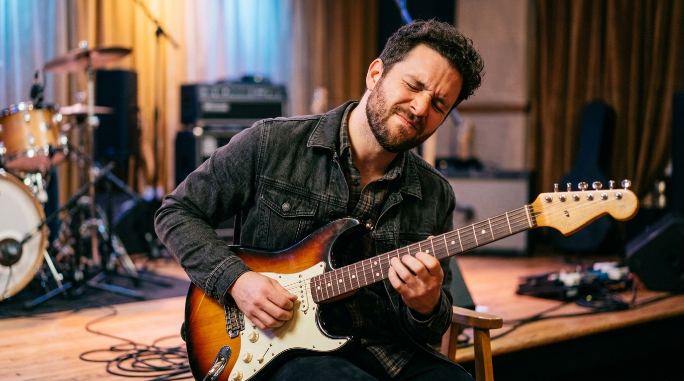Blues guitarist mid-solo on a sunburst guitar, eyes closed and face expressing deep emotion, performing in a warmly lit practice space