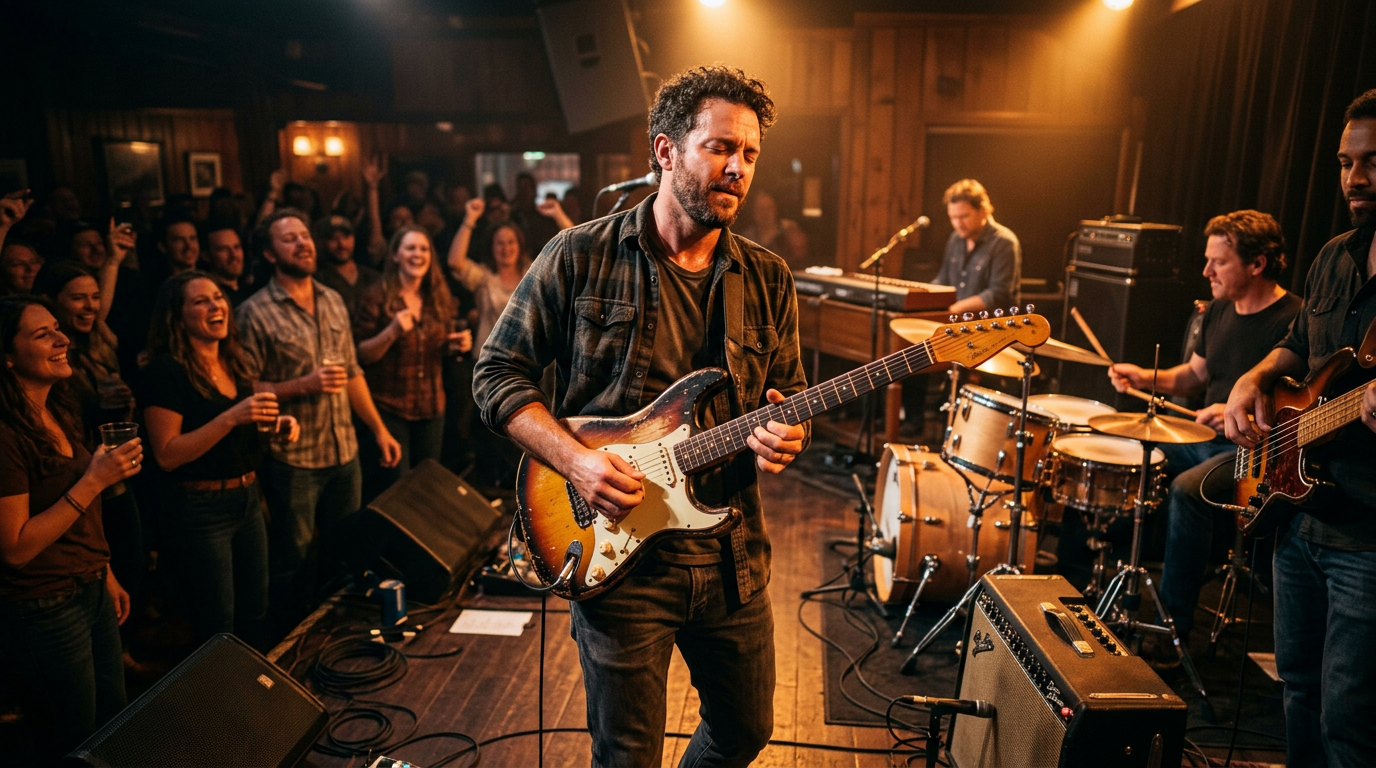 Blues guitarist playing an expressive blues solo under warm stage-style lighting, eyes closed in concentration, electric guitar raised slightly