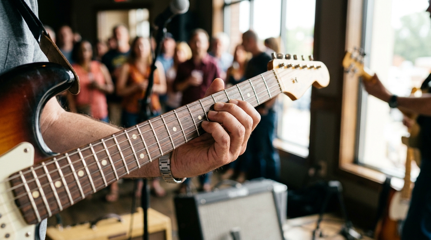Guitarist's left hand pressing double stops on the upper frets of a sunburst Stratocaster, fingers slightly bent for expressive Texas blues technique