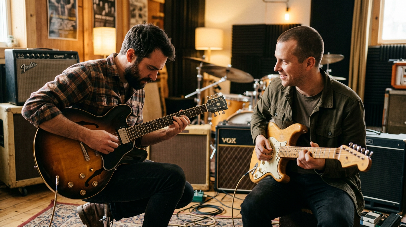 Two guitarists facing each other trading blues solos in a warmly lit rehearsal space, each holding a electric guitar, engaged and listening intently.