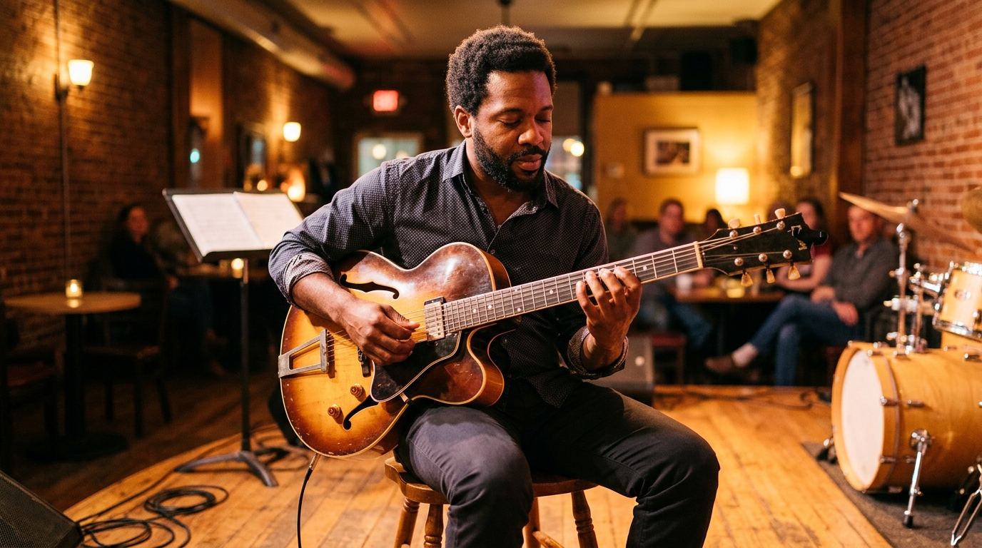 Jazz guitarist comping on a hollow-body electric guitar under warm stage lighting, captured mid-strum with a relaxed, focused expression