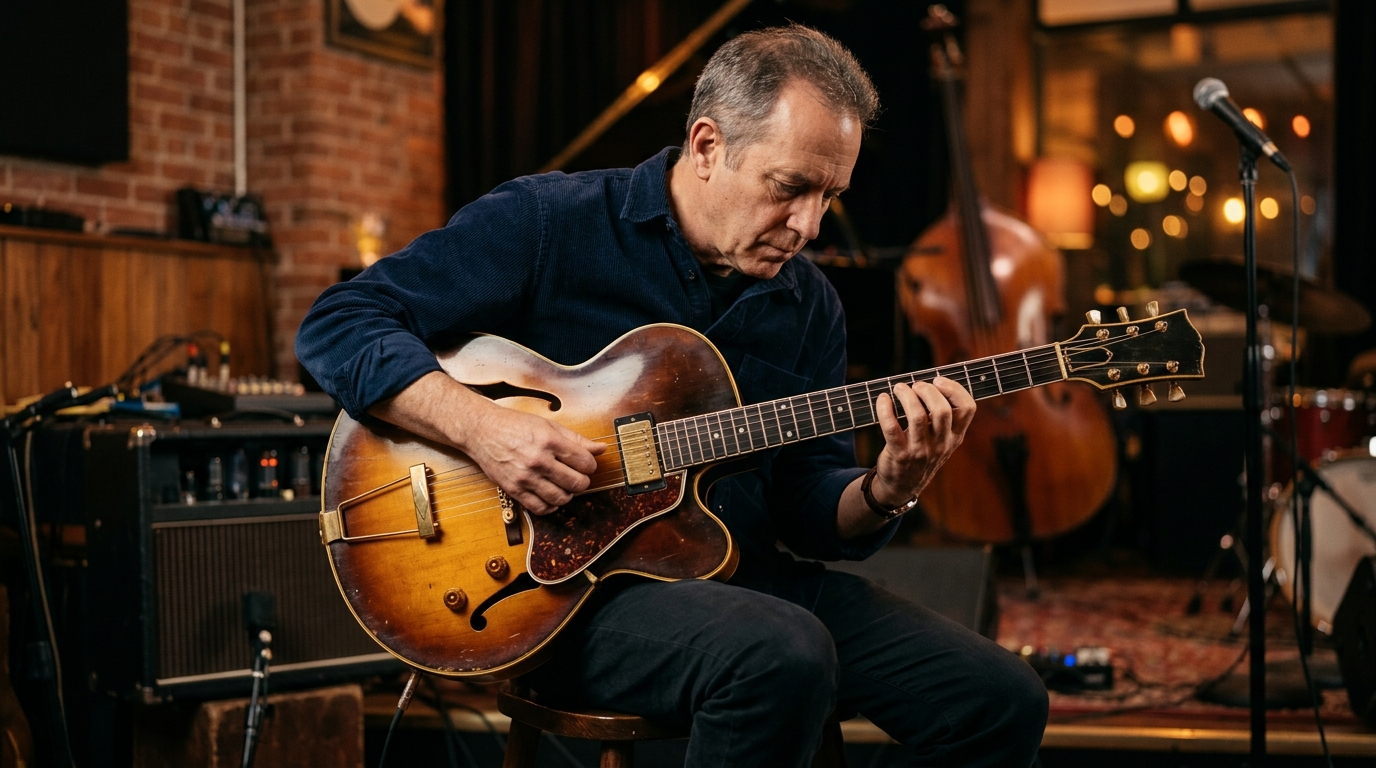 Jazz guitarist comping chord voicings on a hollow-body electric guitar under warm stage