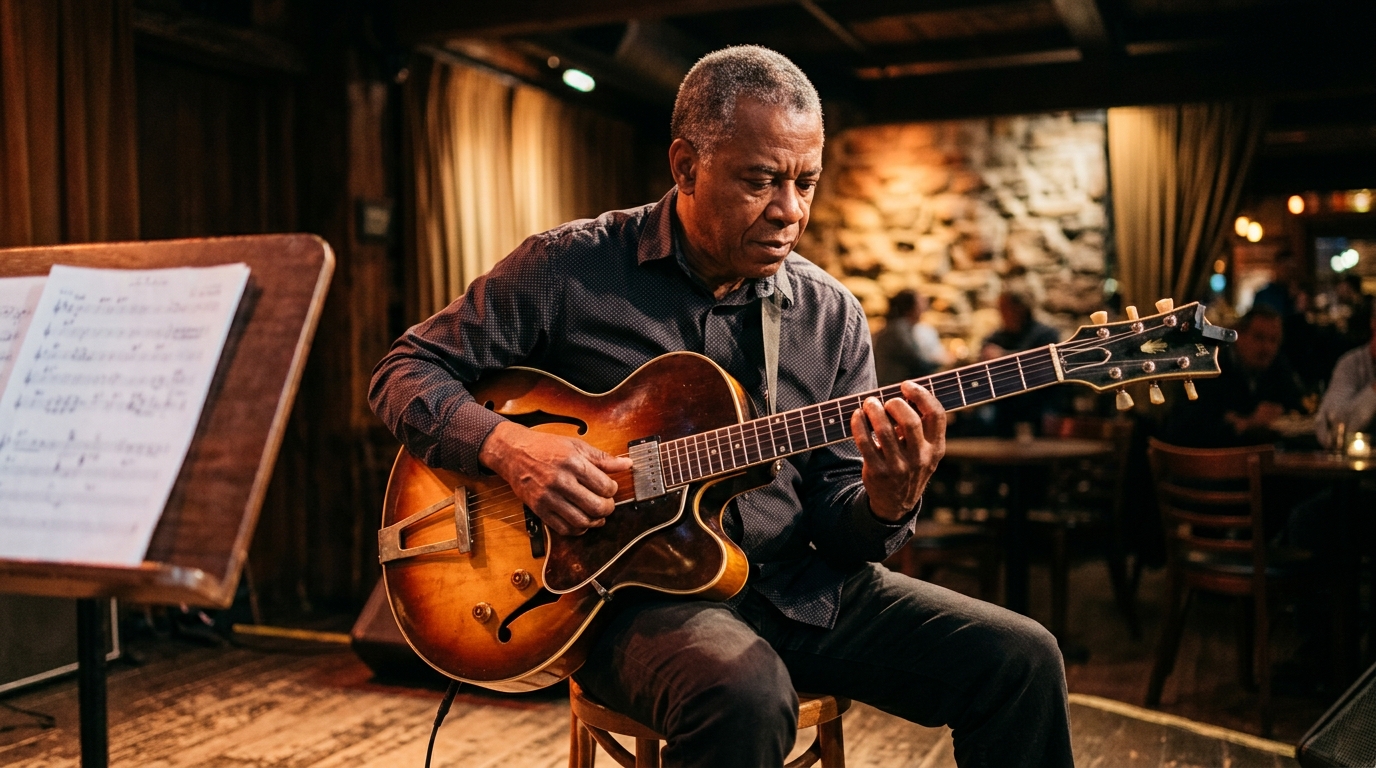 Jazz guitarist comping chord voicings on a hollow-body electric guitar under warm stage lighting at a jazz club setting