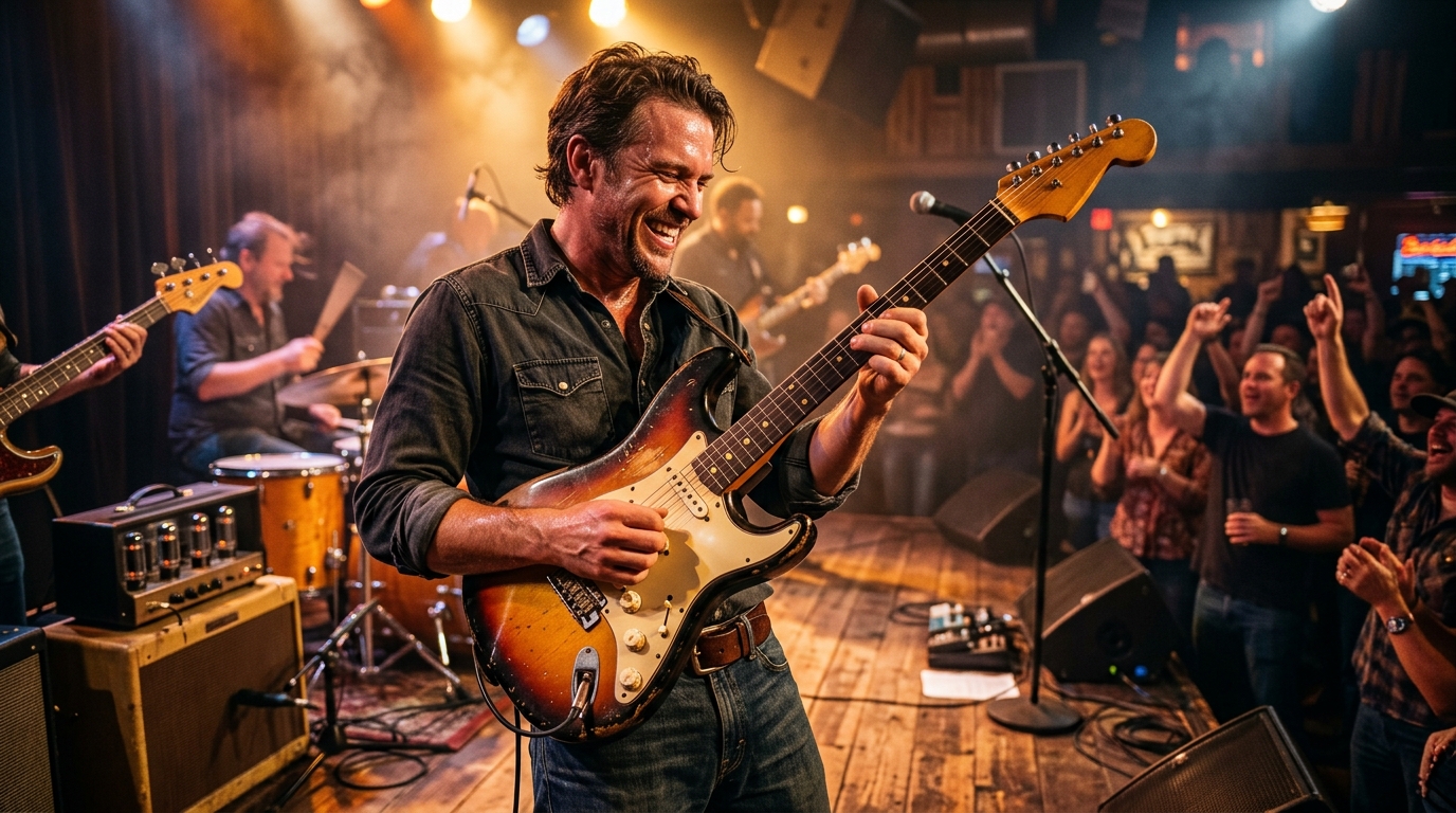 Texas Blues guitarist playing a sunburst Stratocaster with intense focus, captured mid-bend on a bright stage with warm amber lighting and shallow depth of field