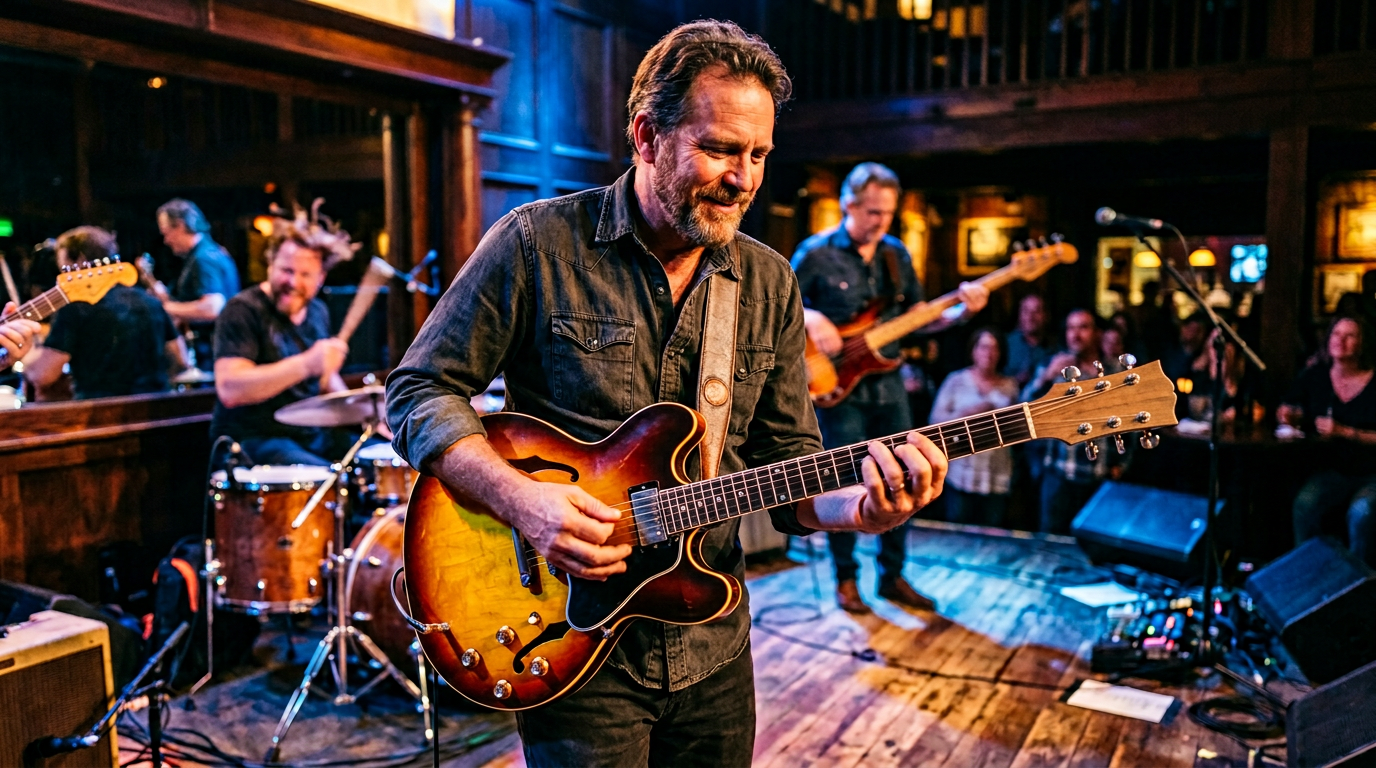 Guitarist playing a sunburst electric guitar on a wooden stage, comping rhythm chords in a warm, well-lit Texas blues band setting with a drummer and bassist visible in the background.