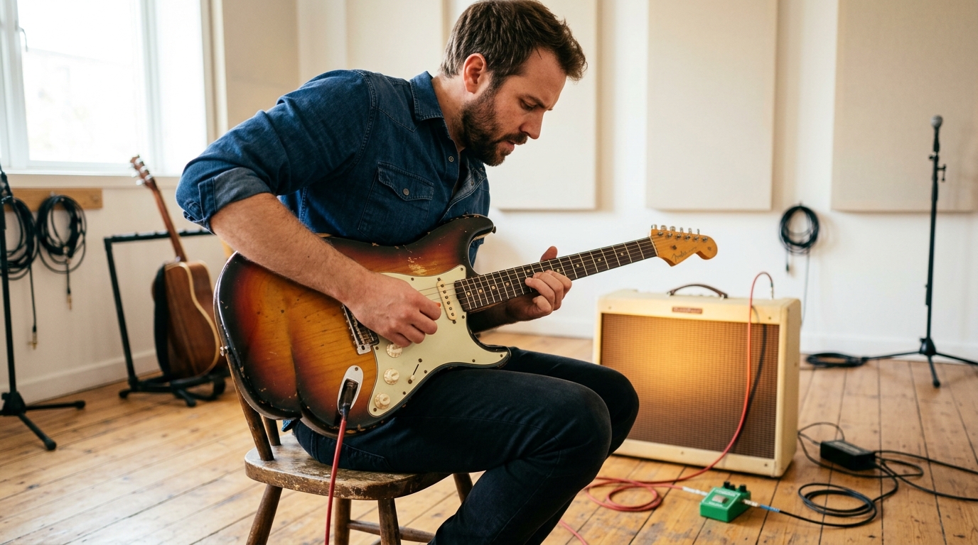 Guitarist playing a sunburst Stratocaster through a Fender Deluxe Reverb amp with a Tube Screamer pedal on the floor, captured in a warm, well-lit practice space