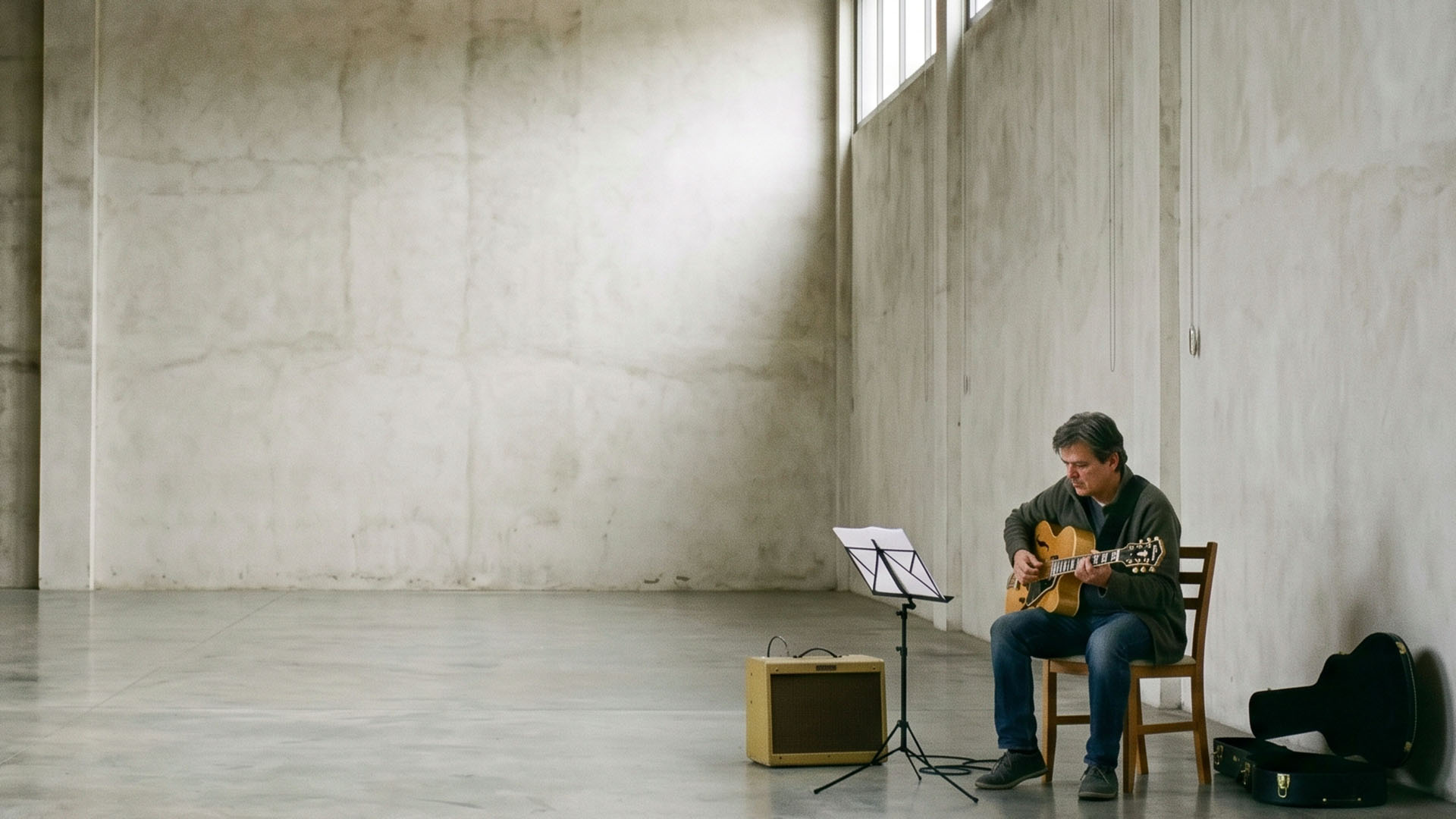 Lone jazz guitarist sitting in the corner of a large, empty rehearsal hall