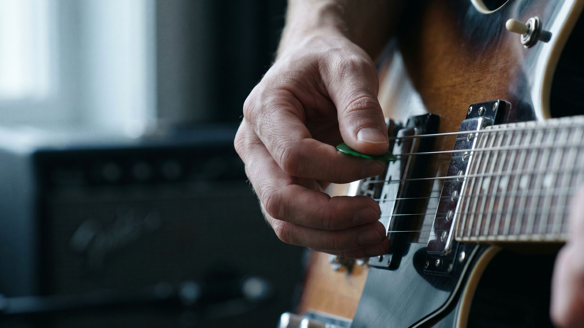 Close-up of a picking hand blurring across an electric guitar's strings
