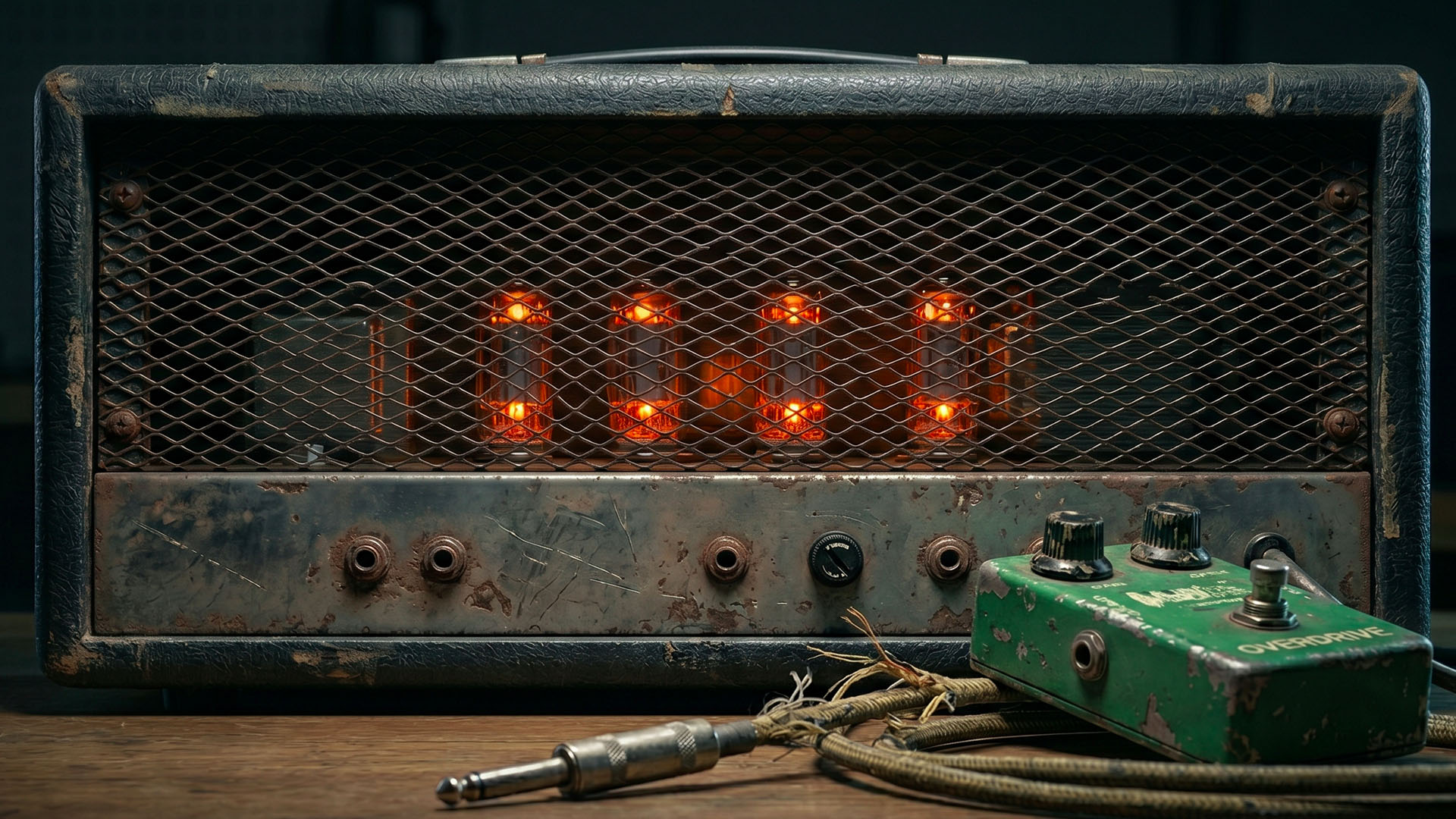 Vintage tube amplifier head with glowing tubes in a dim room