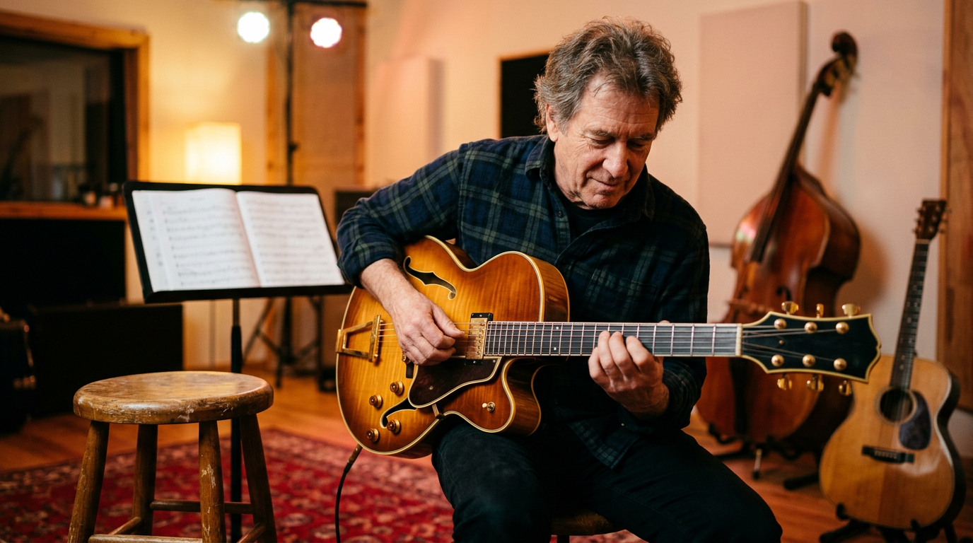 Jazz guitarist comping on a hollow-body archtop guitar under warm stage lighting, chord shapes visible on the fretboard