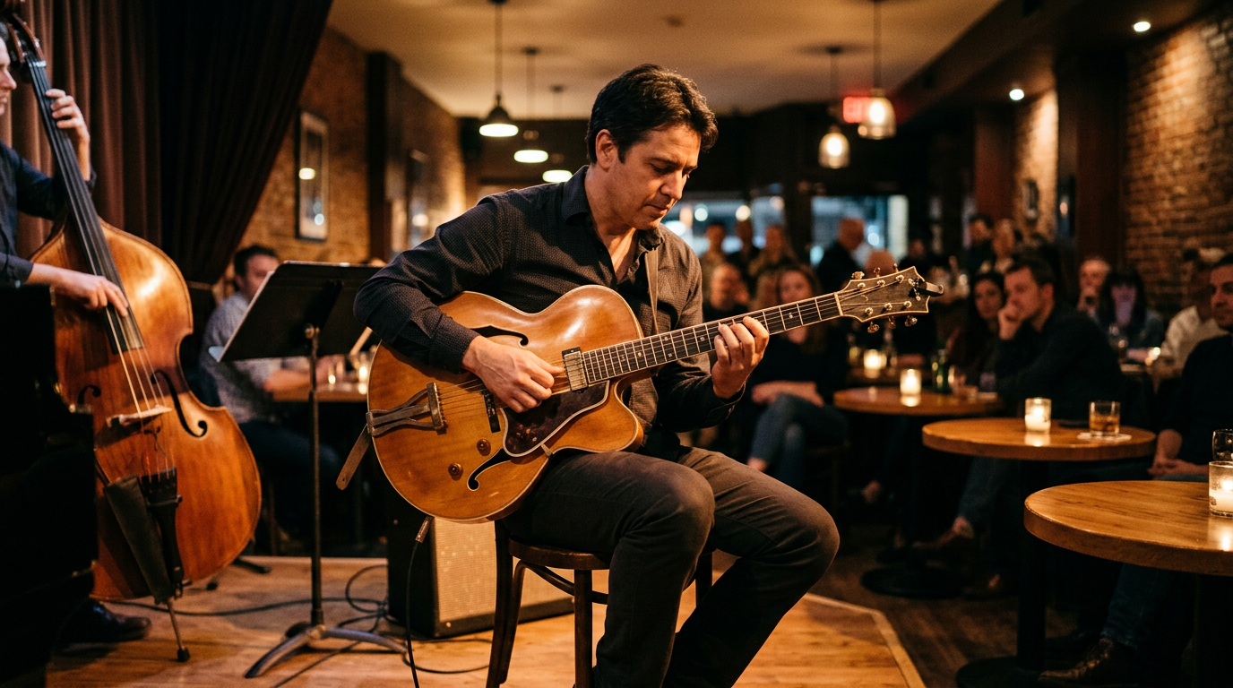 Jazz guitarist comping chord voicings on a hollow-body electric guitar under warm stage lighting at an intimate jazz venue