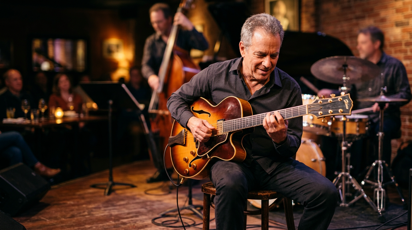 Guitarist playing a hollow-body archtop guitar at a warmly lit jazz club table, left hand forming a colorful chord voicing on the upper frets
