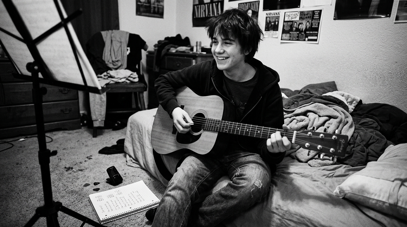 Beginner guitarist sitting small in a large sparse room with high ceilings, practicing open chords on an acoustic guitar in cool natural daylight