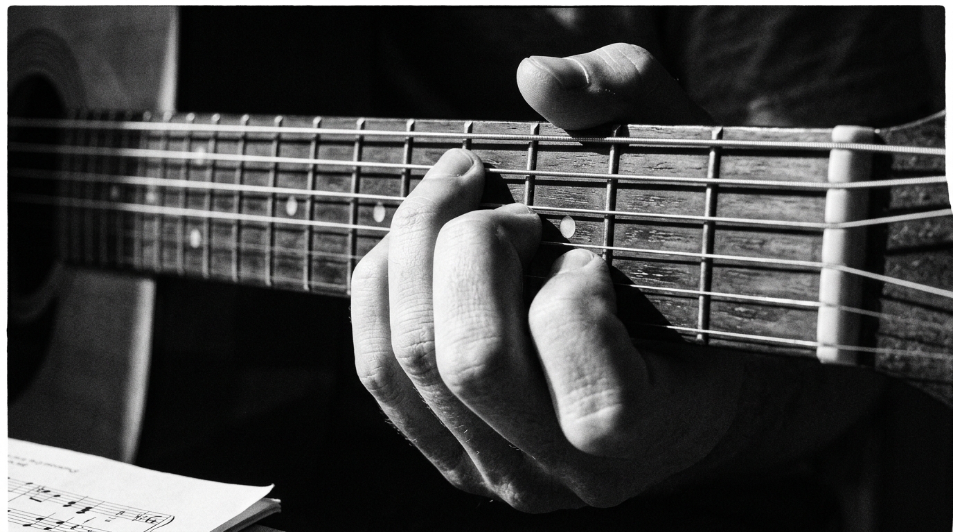 Overhead flat-lay of an acoustic guitar, open songbook with chord charts, black coffee, and a guitar pick on a pale wooden table in even daylight