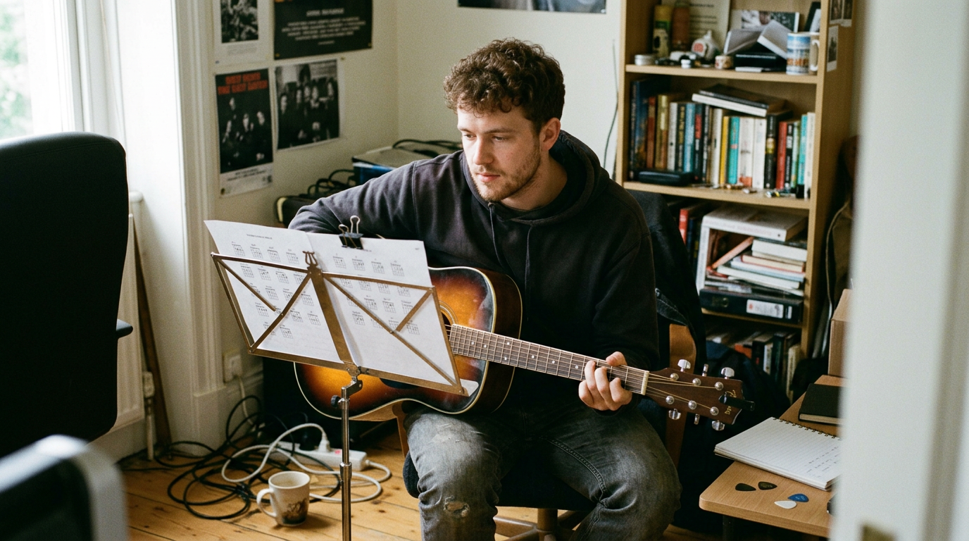 young man learning how to play guitar
