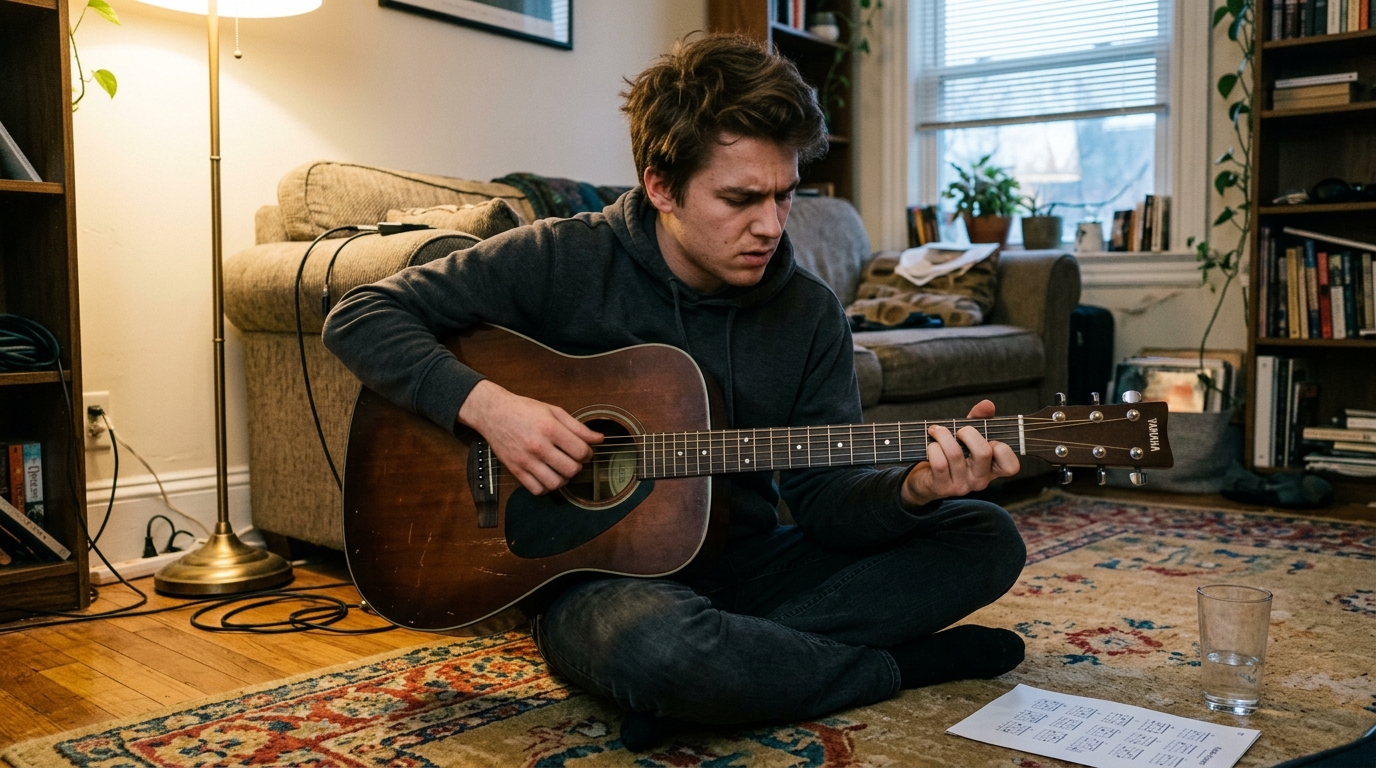 Beginner guitarist practicing chord changes on an acoustic guitar in a small room, shot candidly in black and white with natural tungsten light