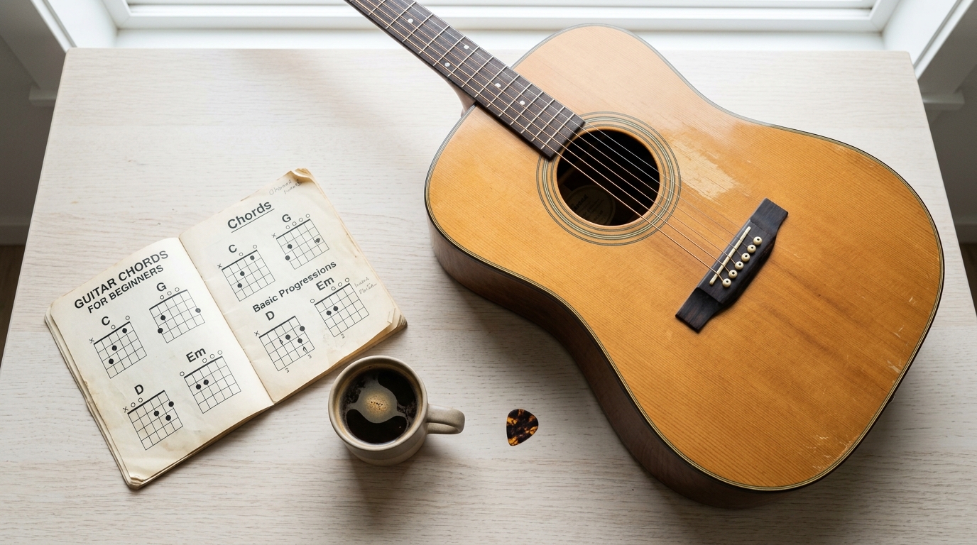 acoustic guitar with a chord chart book