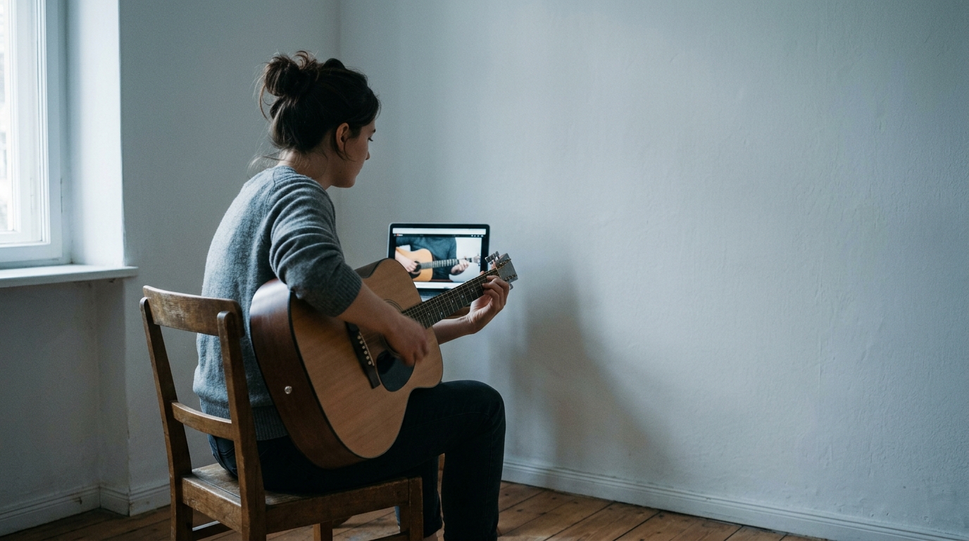 Beginner guitarist seated by a tall window in a sparse room, strumming an acoustic guitar in cool morning daylight
