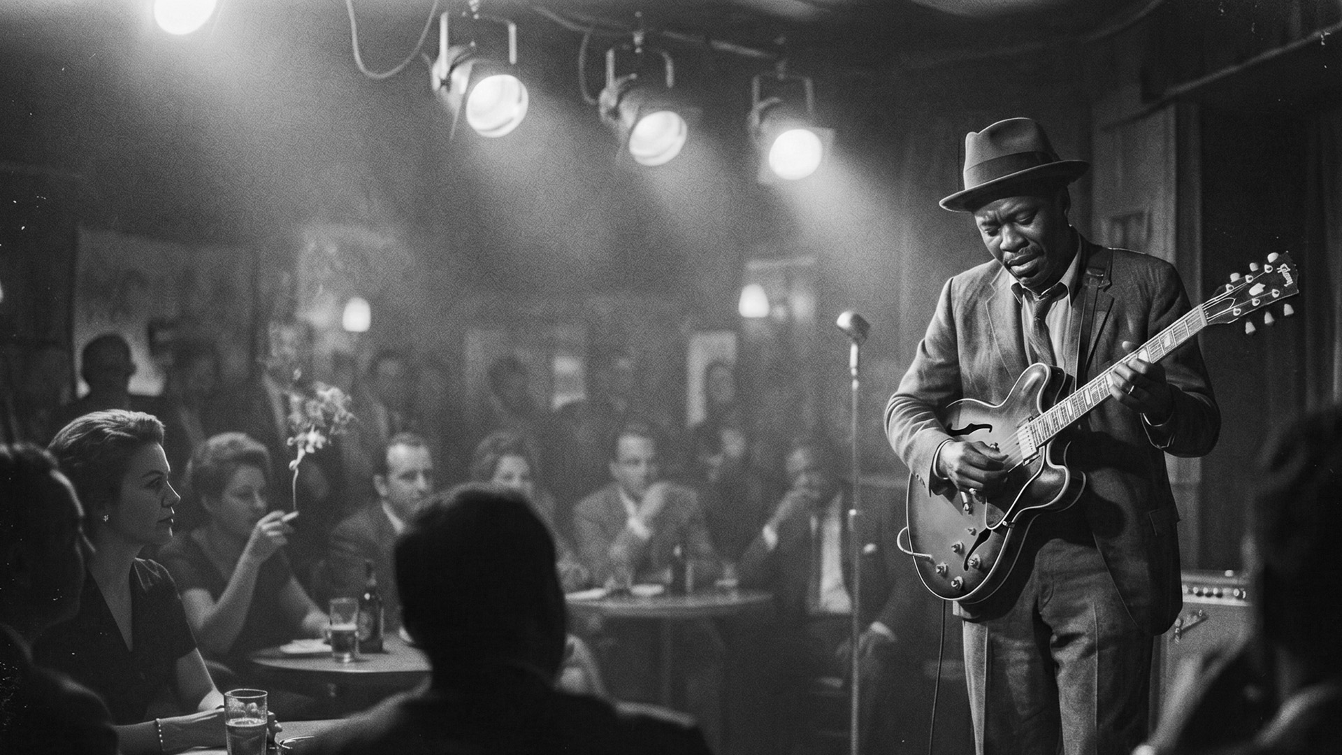 Grainy vintage-style photo of a guitarist on a small club stage