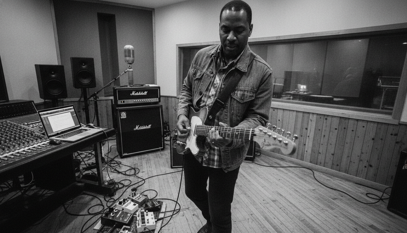 funk guitar player recording in studio
