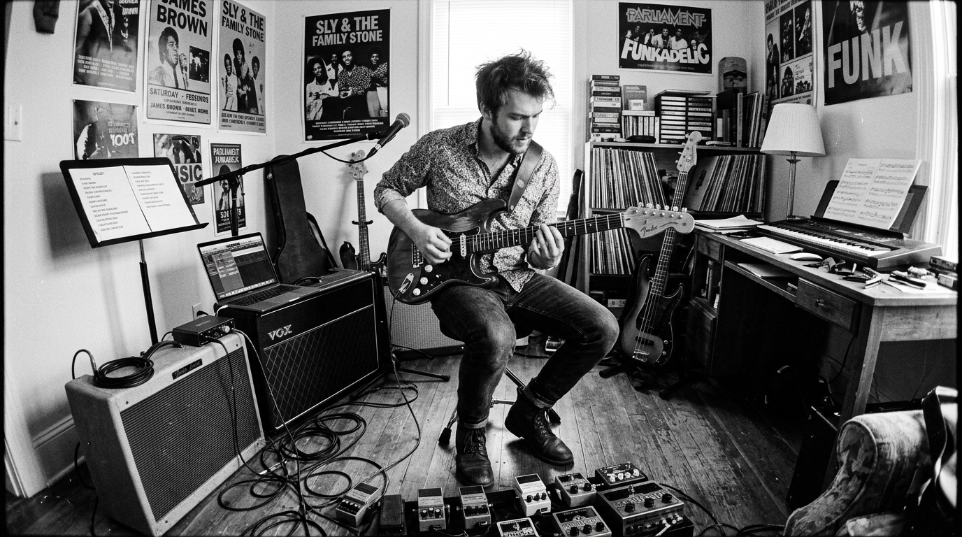 funk guitar player performing