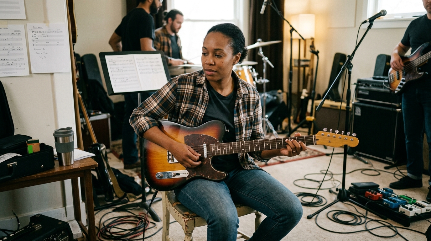 young female guitar player rehearsing her funk guitar parts