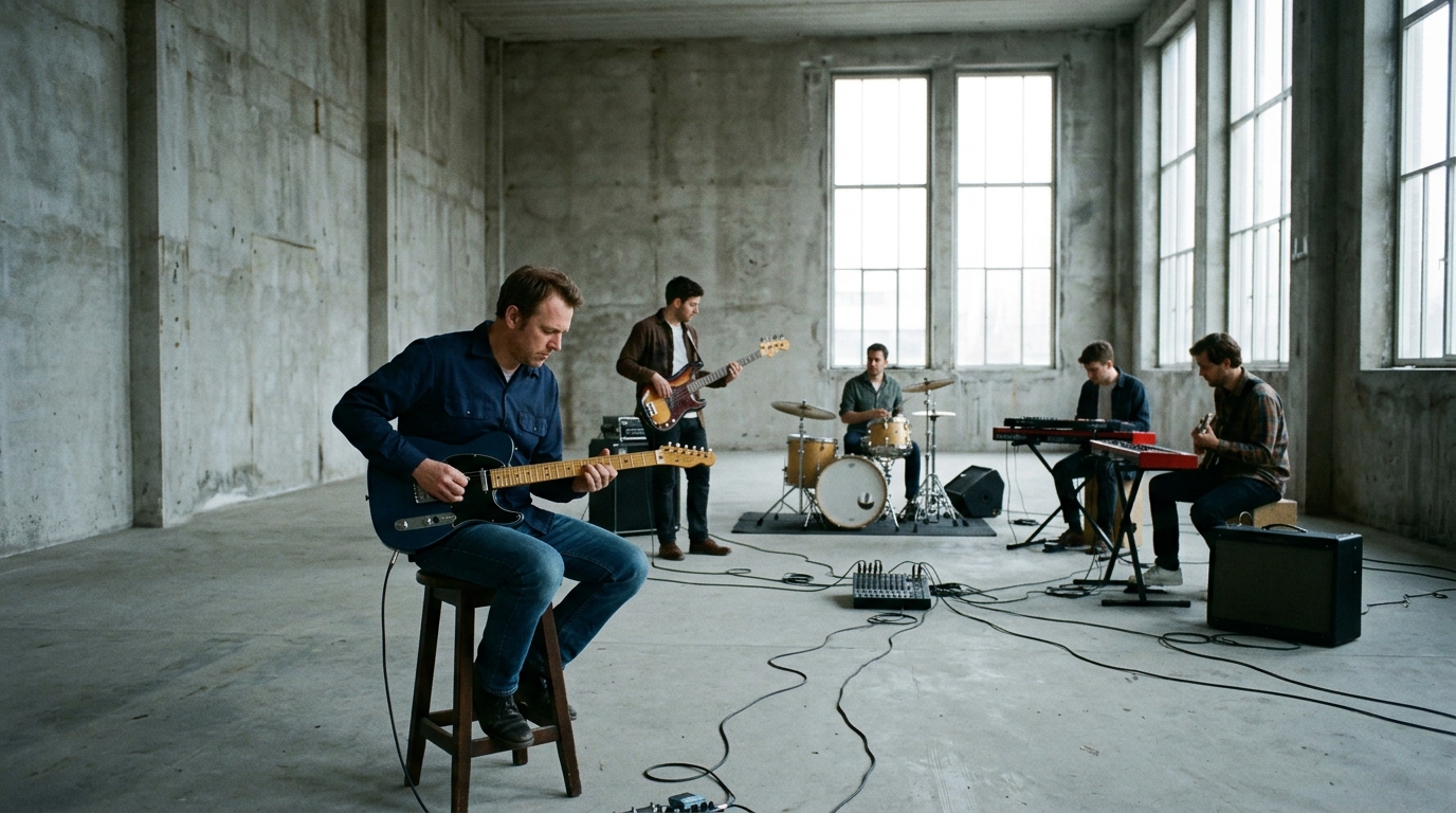 country band with guitar players rehearsing