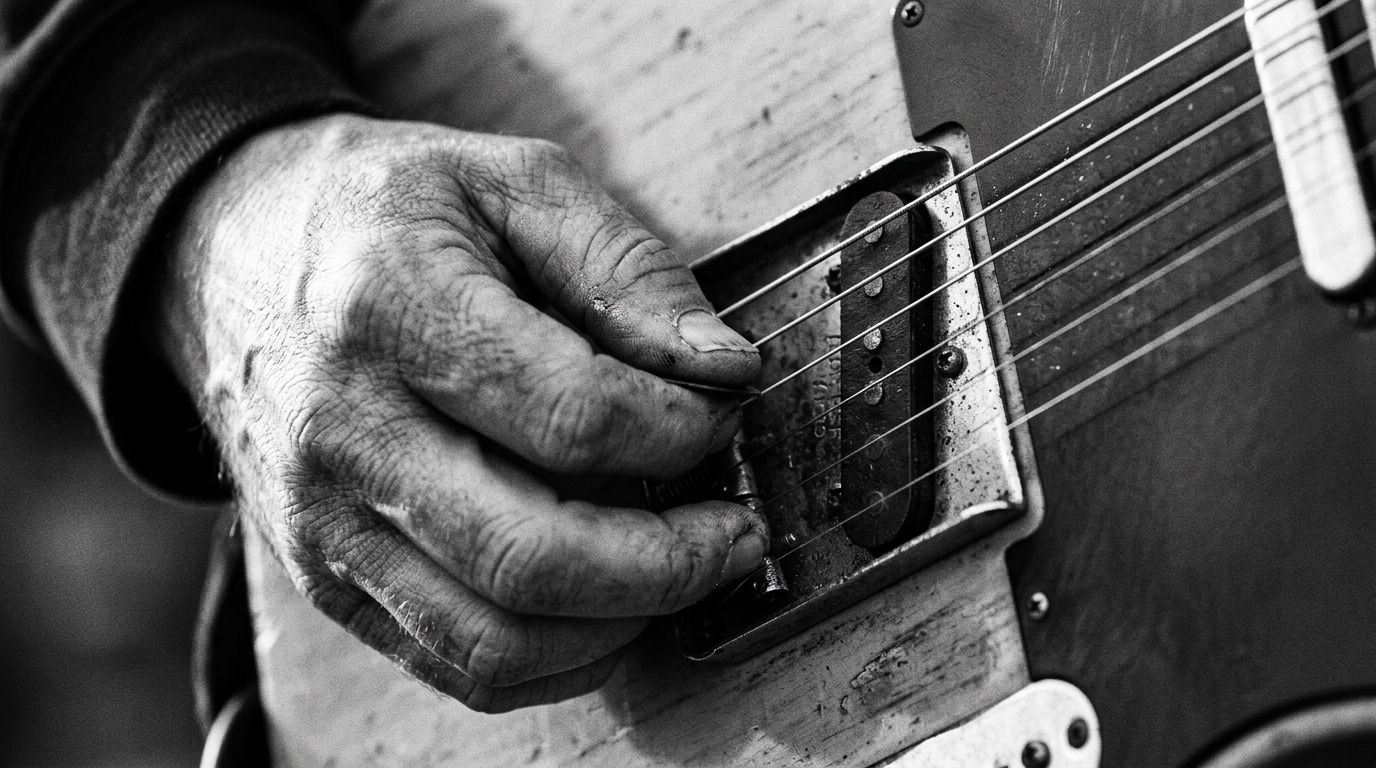 guitar player is gripping strings on an electric guitar