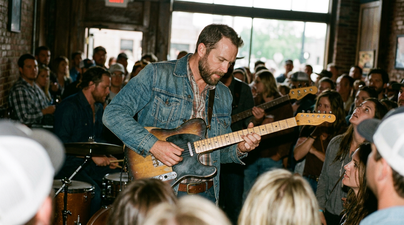 country lead guitarist playing a solo in a hnonky tonk club