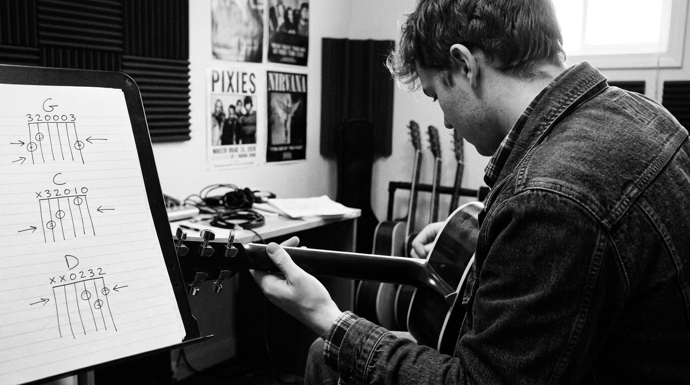 guitar player reading chords