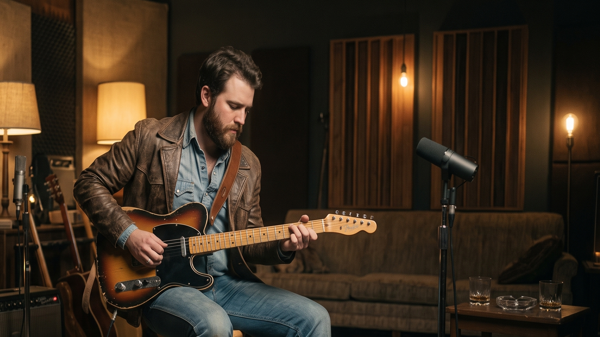 Vintage 1970s-style photo of a guitarist with a Telecaster in a dim studio