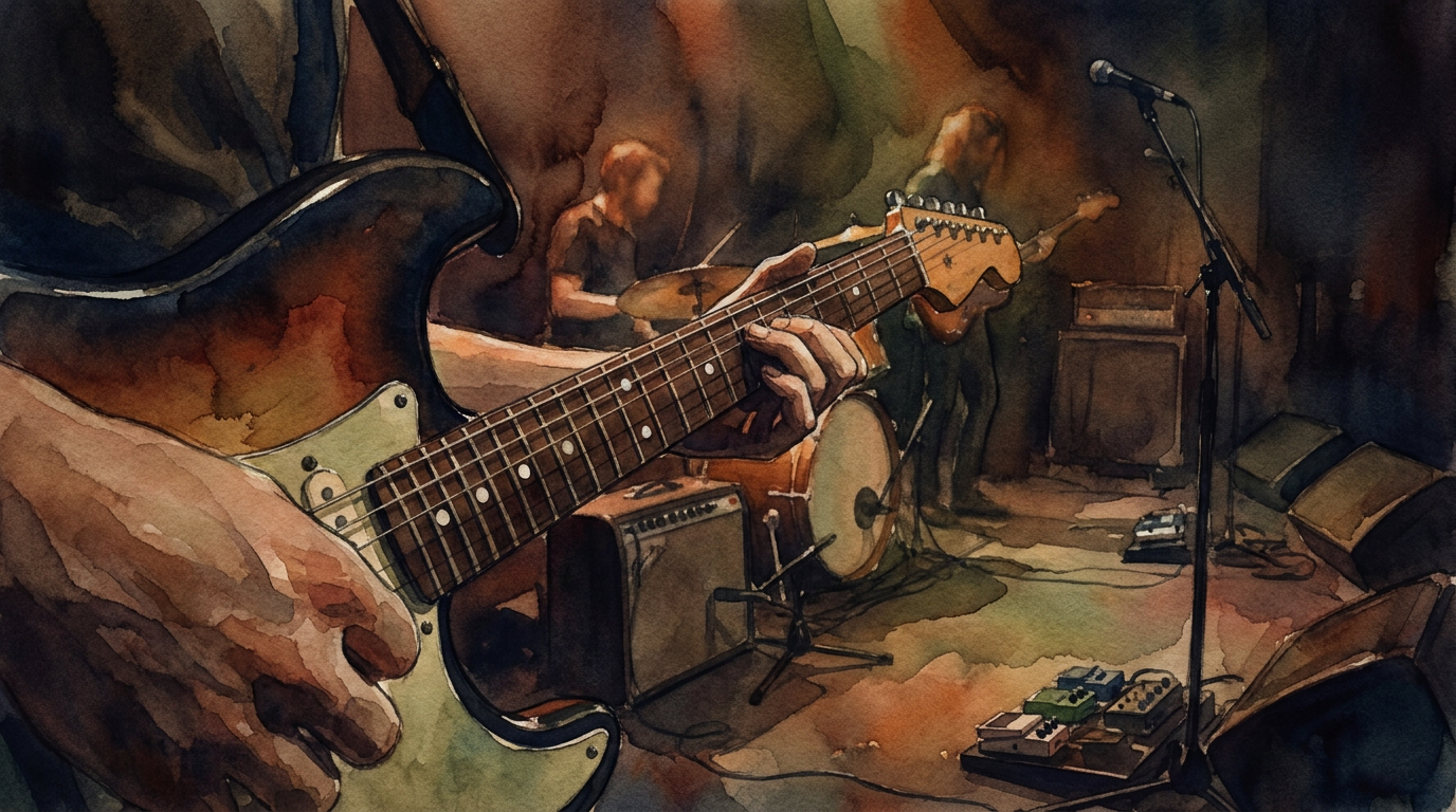 illustration of funk guitarist performing oin stage