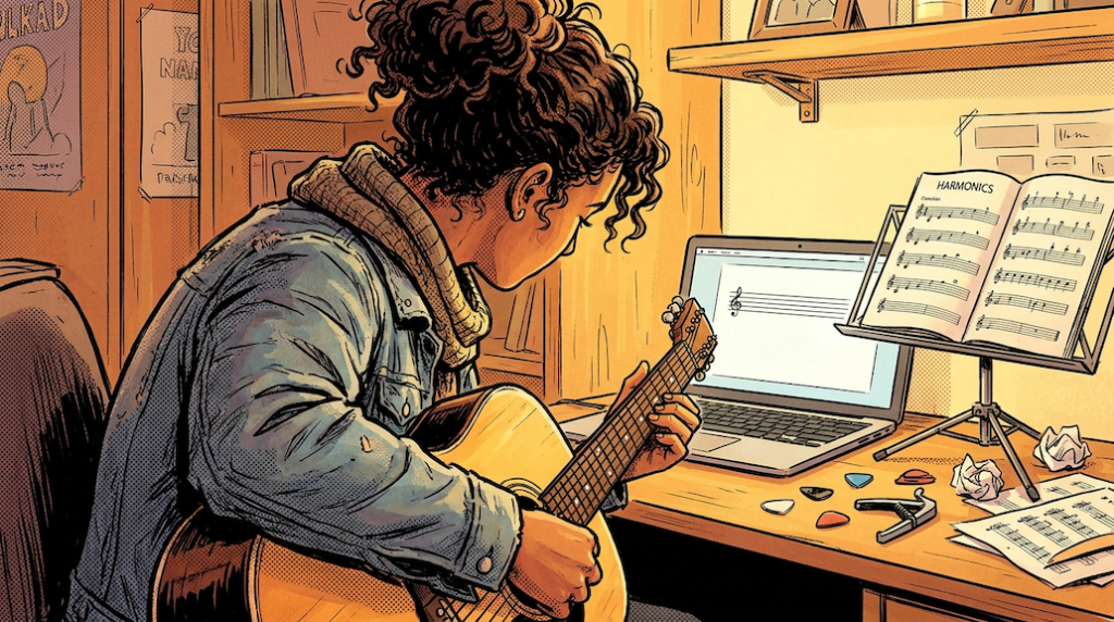 guitar player studying artificial harmonics