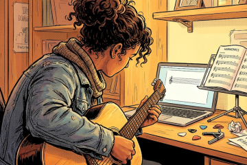 guitar player studying artificial harmonics