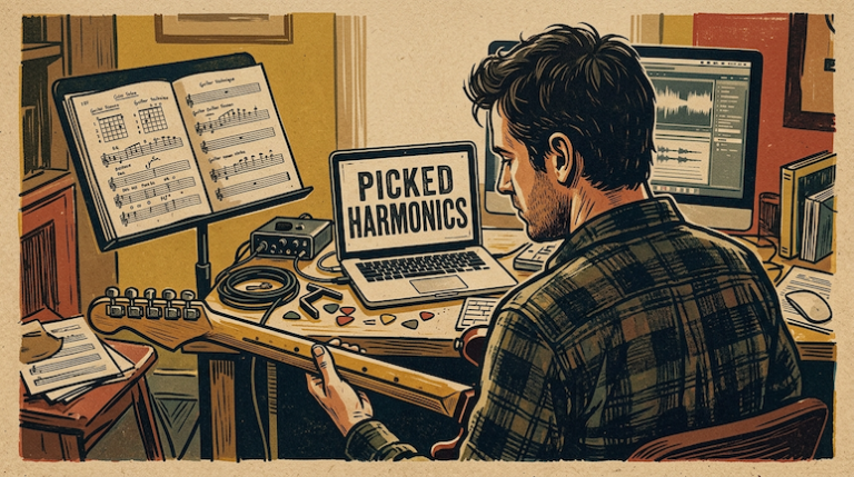 guitar player studies picked harmonics