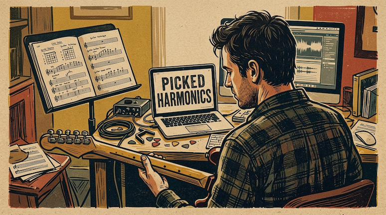guitar player studies picked harmonics