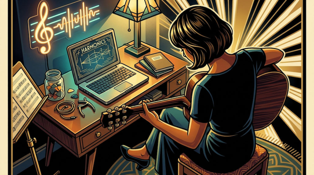 guitar player studying harp harmonics